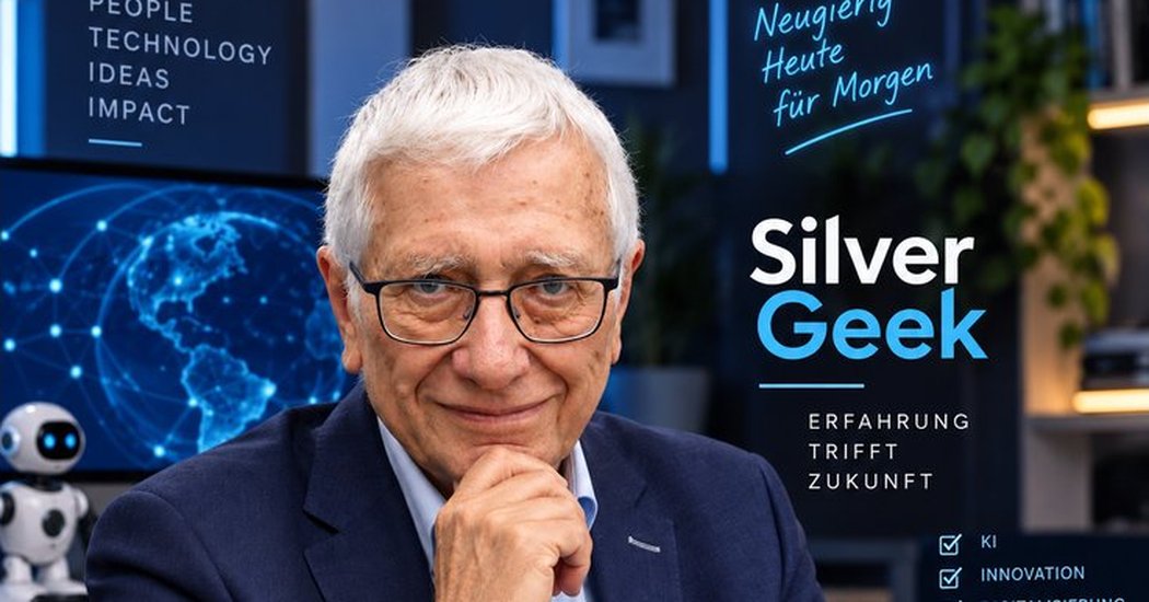 KI-generiertes Porträt eines älteren Mannes am Schreibtisch mit Laptop und Schriftzug „Silver Geek“