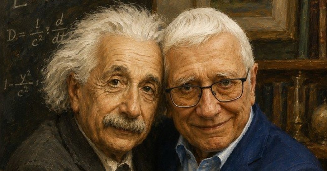 KI-generiertes Gemälde: Wolfgang Doster und Albert Einstein umarmen sich vor einer Tafel mit Formeln