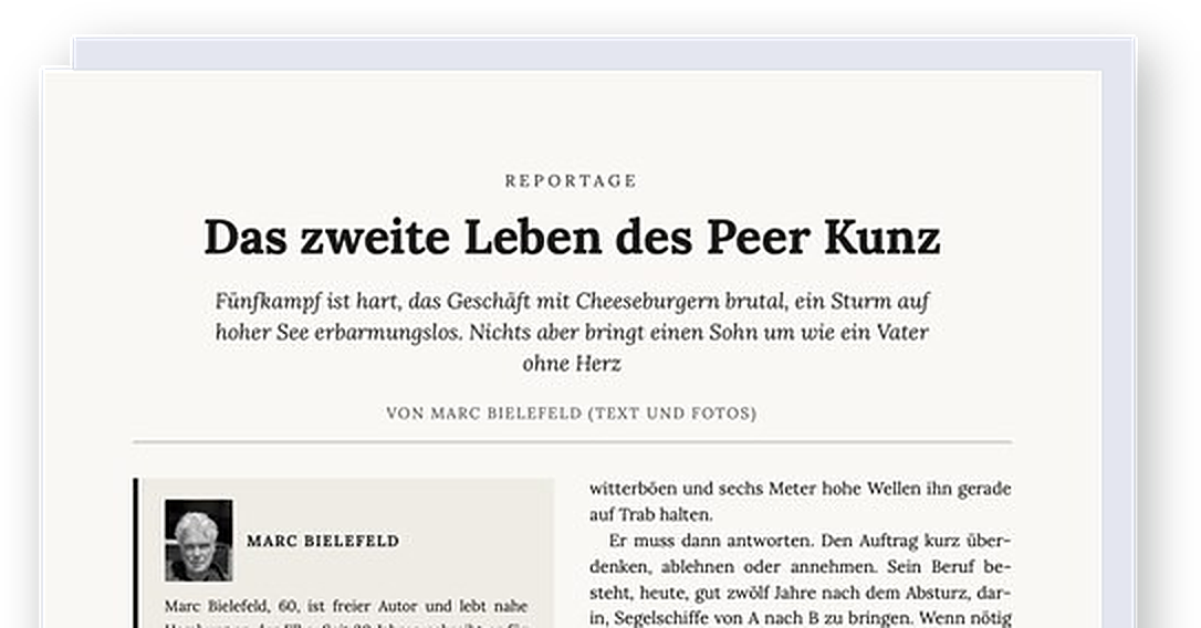 Erste Seite der Reportage „Das zweite Leben des Peer Kunz“ von Marc Bielefeld