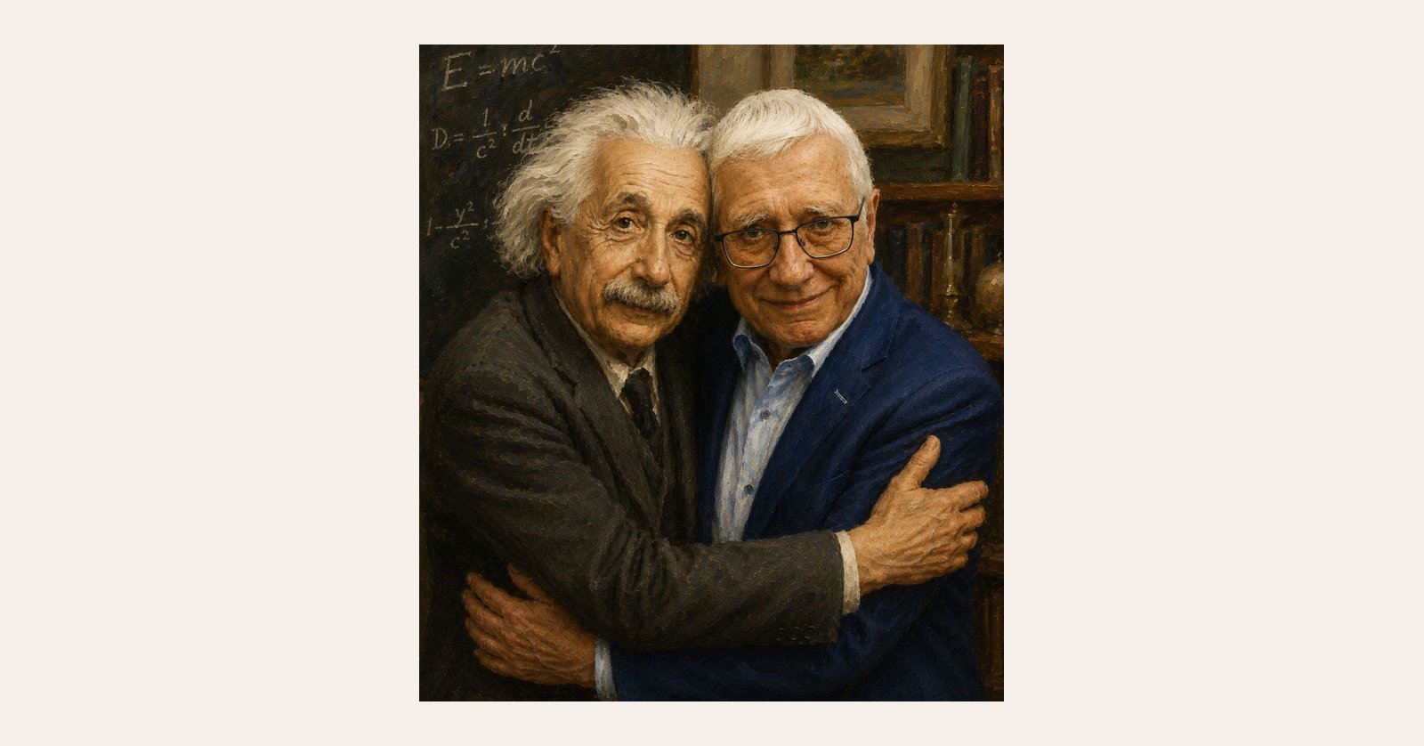 KI-generiertes Gemälde: Wolfgang Doster und Albert Einstein umarmen sich vor einer Tafel mit Formeln