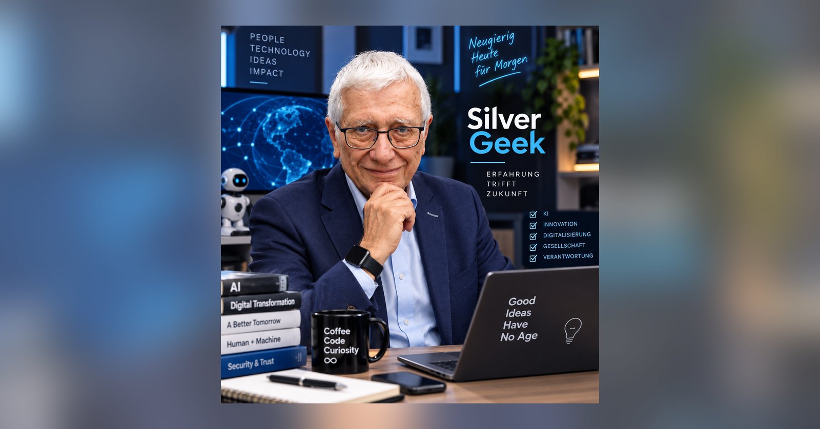 KI-generiertes Porträt eines älteren Mannes am Schreibtisch mit Laptop und Schriftzug „Silver Geek“