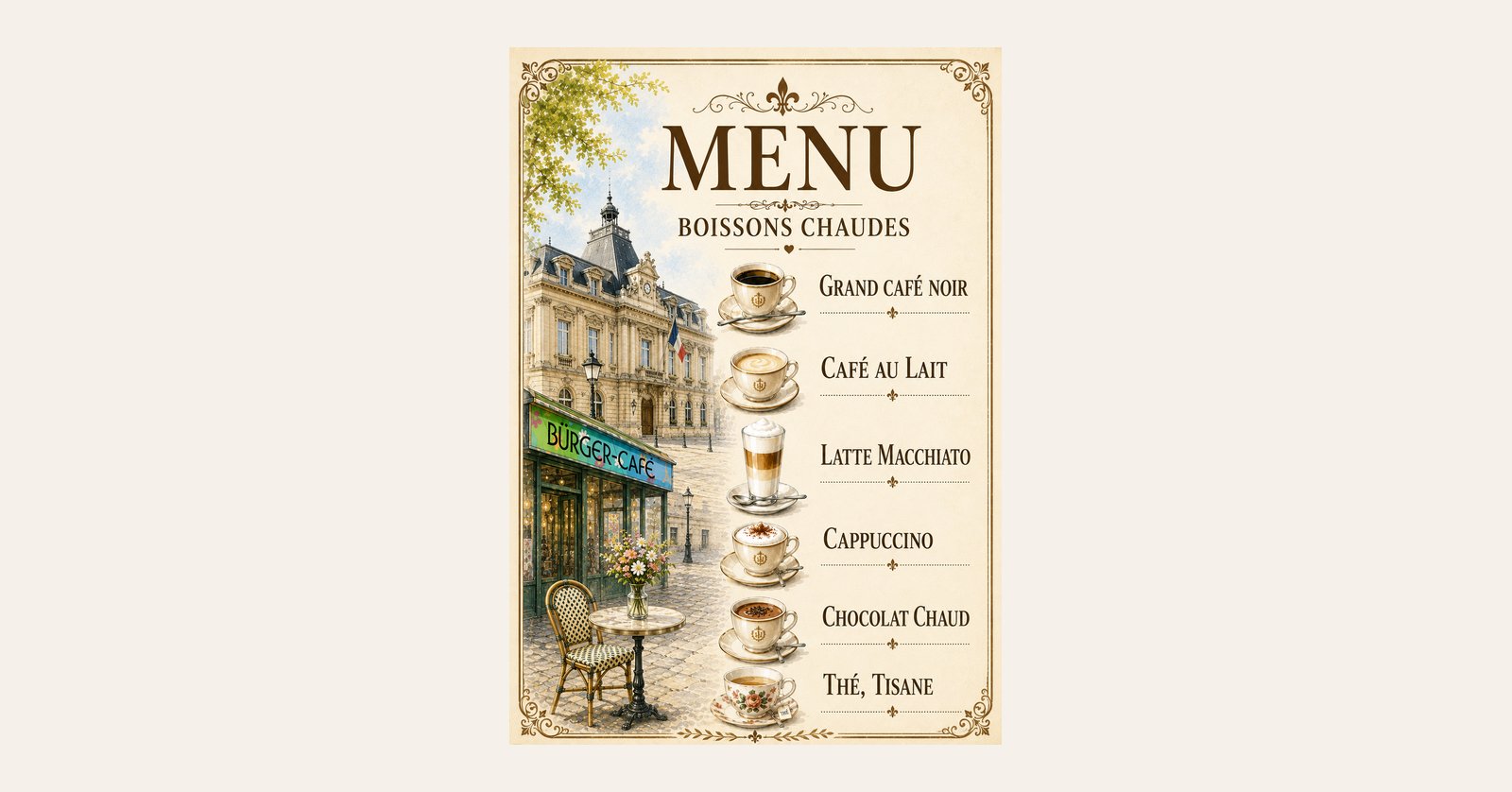 Illustrierte französische Getränkekarte mit Kaffeetassen, Bürger-Café und historischem Rathaus