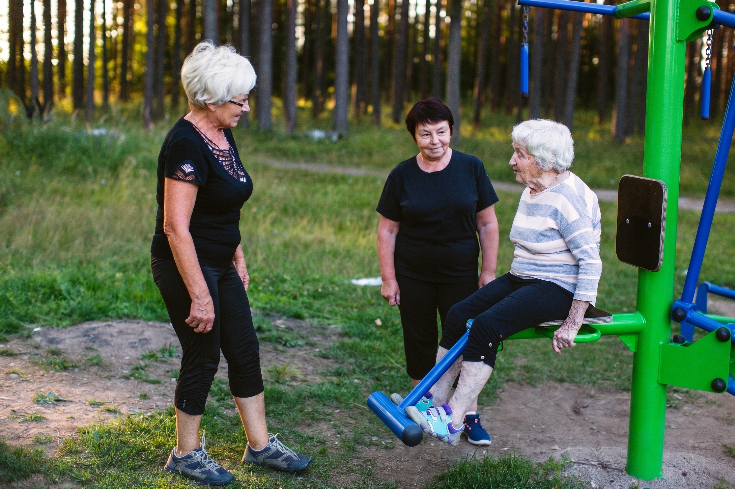 Drei ältere Frauen beim gemeinsamen Fitnesstraining an Outdoor-Geräten