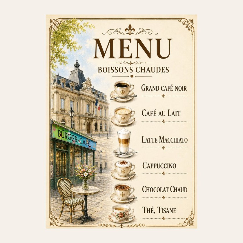 Illustrierte französische Getränkekarte mit Kaffeetassen, Bürger-Café und historischem Rathaus